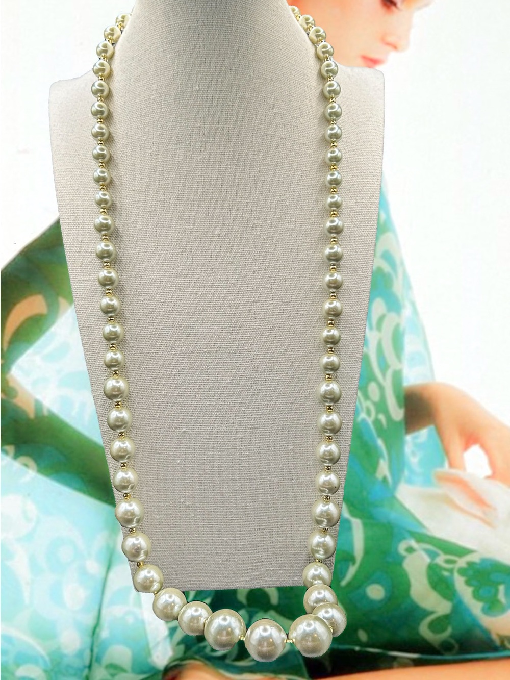 Vintage Circa 1970s Avocado Olive Green Graduated Faux Glass Pearl Necklace 30”
